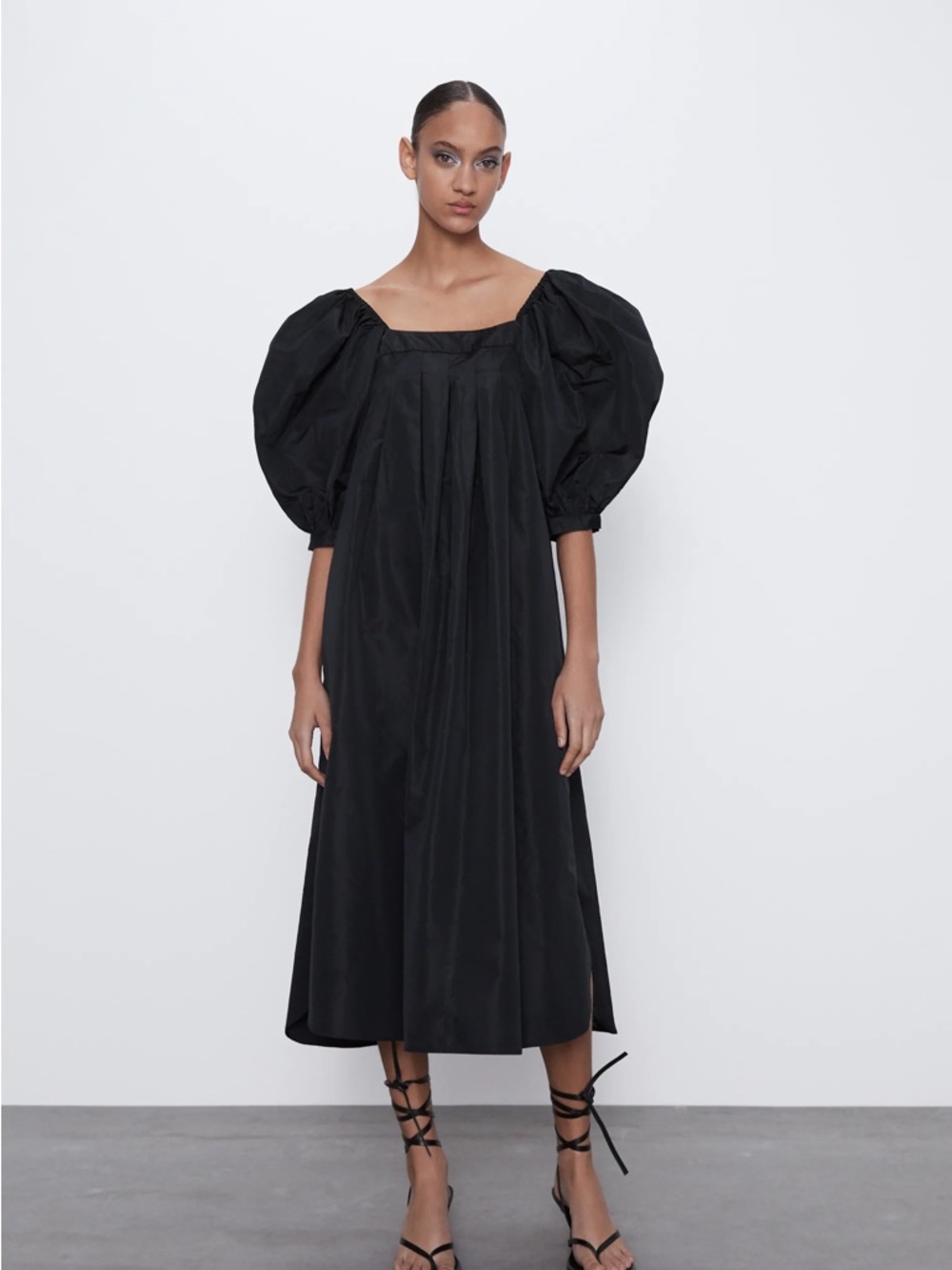 Zara Black Puff-Sleeve Voluminous Taffeta Dress Midi Dress